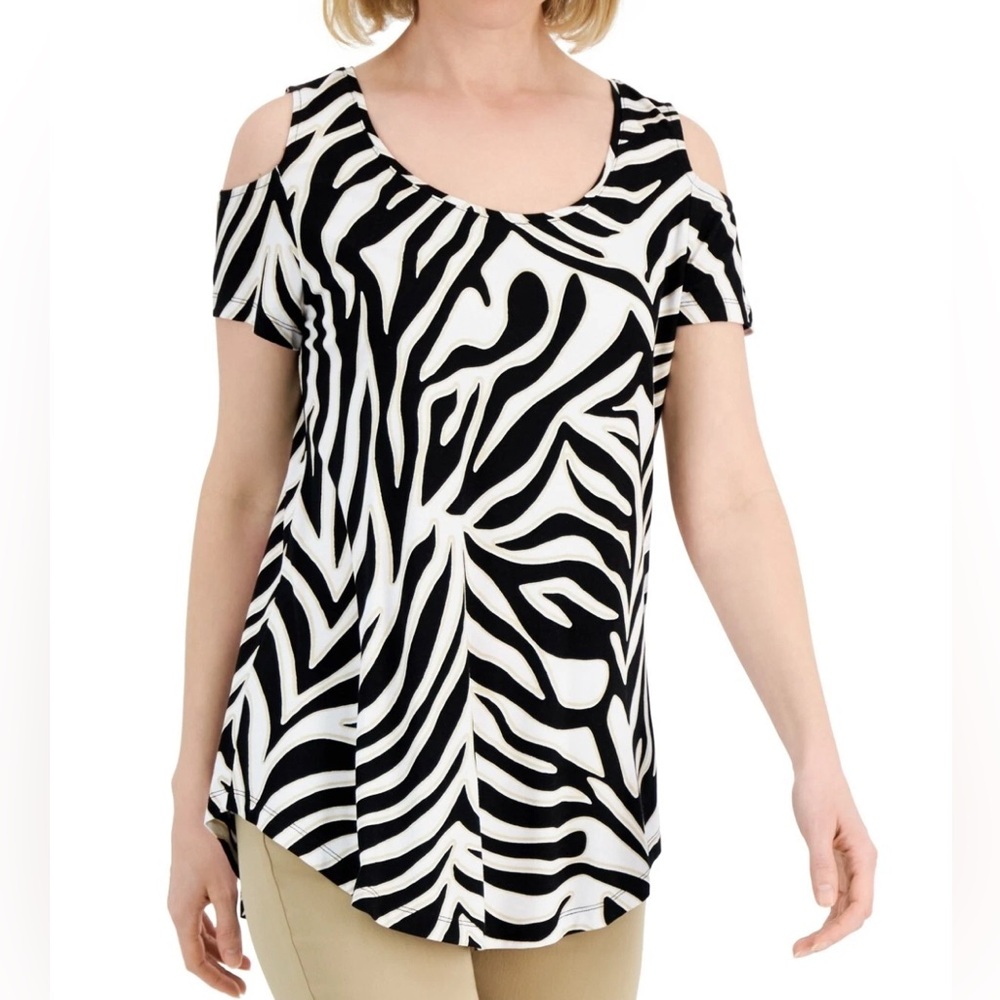 JM Collection | Women's Cold Shoulder Zebra Print Top | Size Small